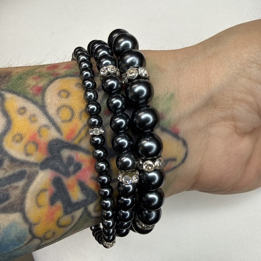 Vintage Black Glass Faux Pearl Stretch Bracelets Set 3 Rhinestone Stackable